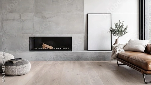 Fototapeta Loft living room featuring a concrete fireplace, light wood flooring, and a sleek leather sofa   concrete fireplace, leather sofa, light wood floor