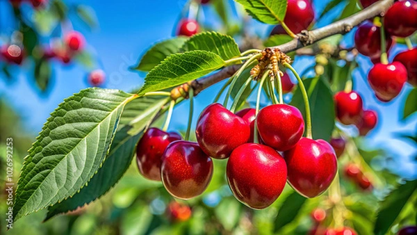 Fototapeta Cherry hanging with branch and leaves garden  background, blue sky.