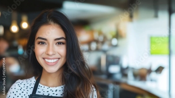 Obraz Portrait of a smiling woman in apron for hospitality and service industry