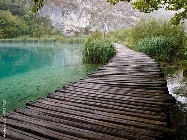 Obraz Turquoise water with fish and a wooden path in Plitvice.