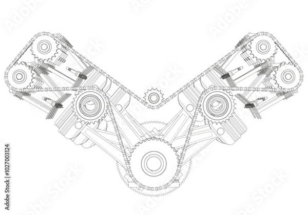 Obraz Black V-shaped car engine on white background.