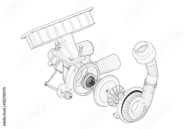 Obraz Black V-shaped car engine on white background.