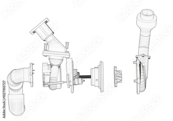 Obraz Black V-shaped car engine on white background.