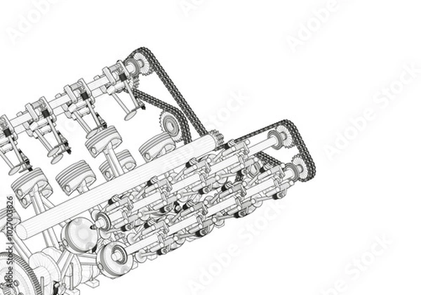 Obraz Black V-shaped car engine on white background.