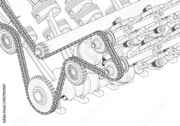 Obraz Black V-shaped car engine on white background.