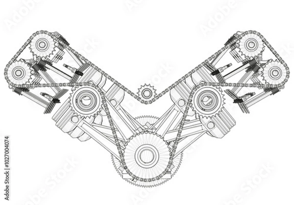 Fototapeta Black V-shaped car engine on white background.