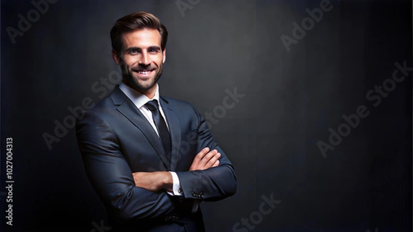 Fototapeta Man in a black suit stands with his arms crossed on a black background.