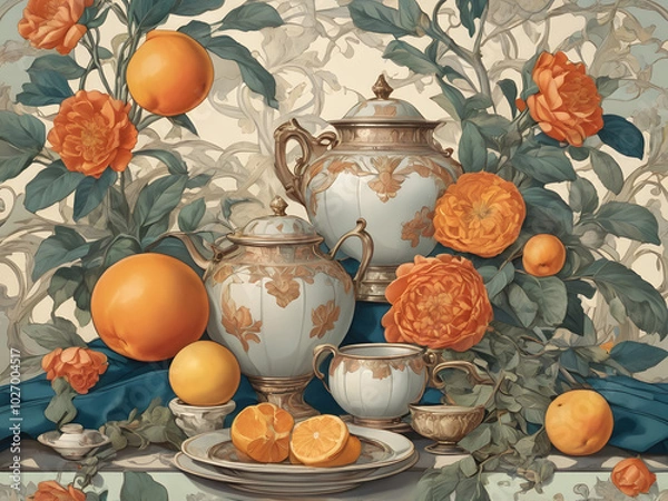 Obraz still life with tea and fruits