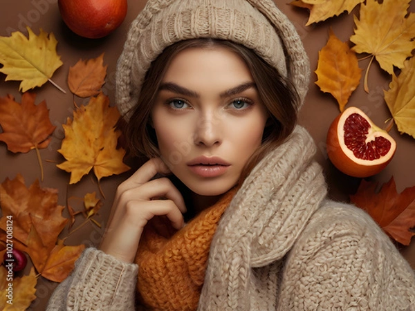 Obraz portrait of a woman with autumn leaves
