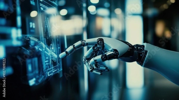 Fototapeta A highly detailed robotic hand interacts with a futuristic touchscreen, showcasing cutting-edge technology and artificial intelligence in action.