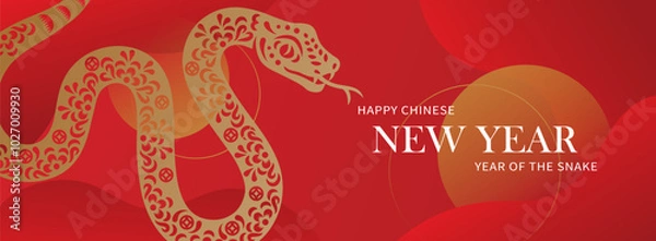 Fototapeta Happy Chinese new year banner with snake on red background. Vector illustration for posters, flyers, greeting cards, banner, invitation.