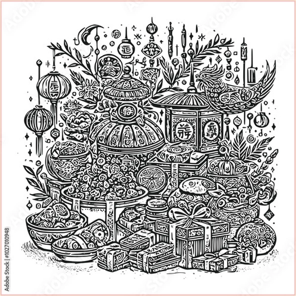 Fototapeta lunar new year Chinese dragon Dragon with round shield  out vector silhouette