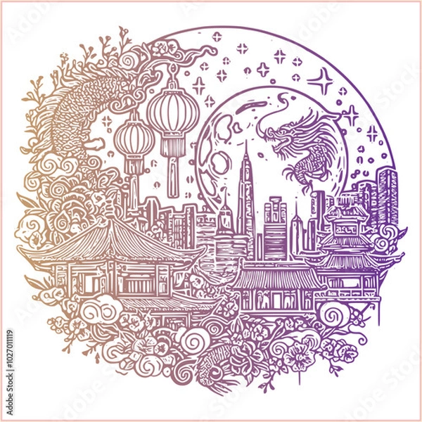 Fototapeta lunar new year Chinese dragon Dragon with round shield  out vector silhouette