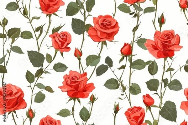 Fototapeta Flat style seamless pattern of red roses, isolate on white background.