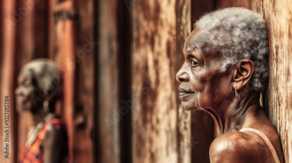 Obraz Elderly black woman looking tired and unhappy after a long and hard life as a prostitute in a poor, run-down neighborhood of wooden shacks in a rural town in the Caribbean