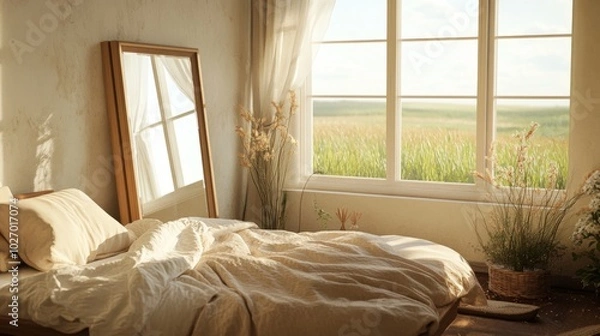 Fototapeta A cozy bedroom with soft linens, a standing mirror, and wide windows overlooking a serene field