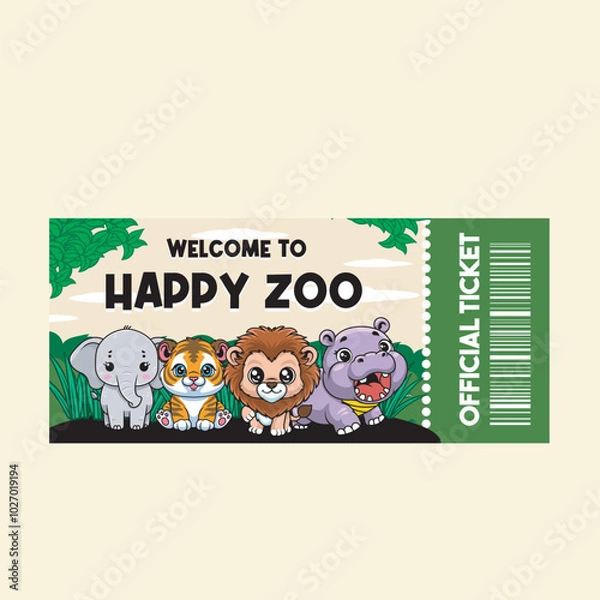 Fototapeta Vector Illustration of Tiger, Elephant, Hippo and Lion with Cute Zoo Vector Illustration Available for Zoo Ticket