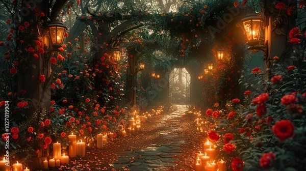 Fototapeta Enchanted Rose Garden Path with Candlelight