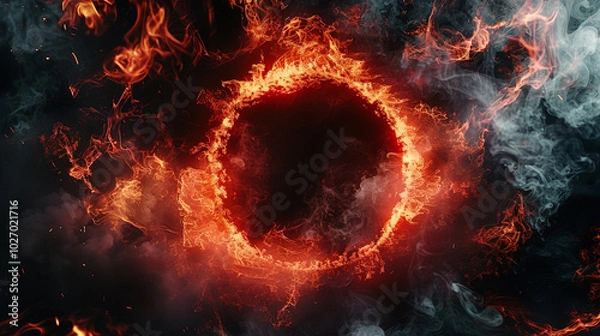 Fototapeta A glowing red ring engulfed in flames and smoke, creating a powerful and intense visual of energy and heat, symbolizing strength and mystery.
