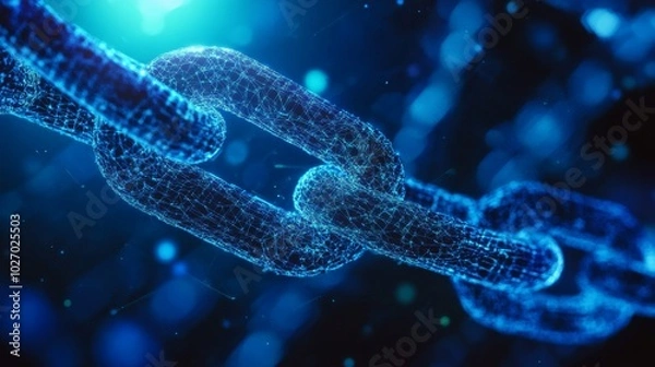 Fototapeta Abstract digital chain made of glowing particles in blue tones.