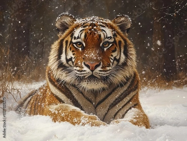Fototapeta tiger with a snow-covered face, sitting majestically in a winter wonderland, contrasting its vibrant orange fur with the glistening white snow, embodying strength and beauty in nature