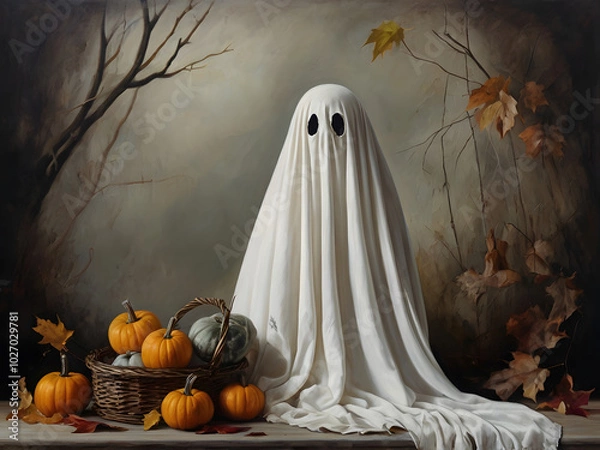 Obraz ghost and pumpkin on a cemetery