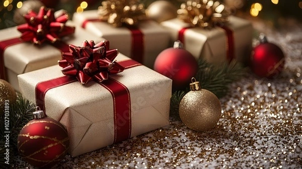 Fototapeta Seamless pattern of New Year presents with glittering confetti and ribbons