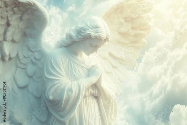 Fototapeta statue of beautiful white angel with large wings, praying with folded hands looking down, white clouds of heaven in background, fantasy, ethereal, peaceful, fantasy, photorealistic