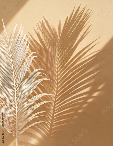 Fototapeta Shadows of falling palm leaves over a smooth beige background, generative ai