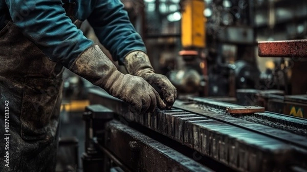 Obraz A worker's hands adjust machinery in an industrial setting, showcasing craftsmanship and precision.