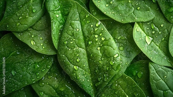 Fototapeta Background from fresh green spinach leaves with water drops. Texture of raw organic baby spinach close up. 