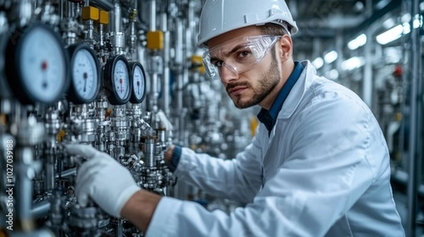 Fototapeta A man in a white lab coat is working on a machine with a white glove on his left