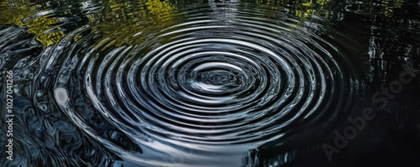 Fototapeta Captivating black water with gentle ripples and concentric circles at dawn