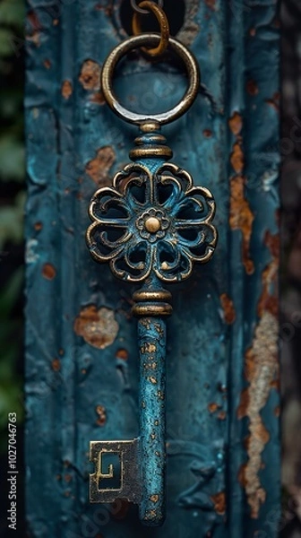 Fototapeta Vintage Ornate Key on Rusty Blue Background