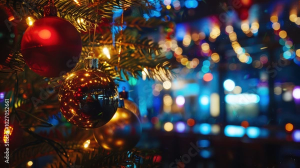 Fototapeta beautifully decorated Christmas tree adorned with colorful ornaments and twinkling lights creates festive atmosphere, perfect for holiday celebrations