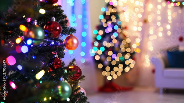 Fototapeta beautifully decorated Christmas tree adorned with colorful ornaments and twinkling lights creates festive atmosphere. blurred background features another tree, enhancing holiday spirit