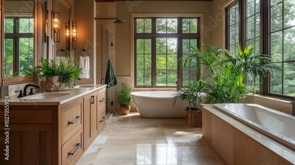 Fototapeta A high-end bathroom with natural wood cabinets, decorative plants, and windows flooding the space with light