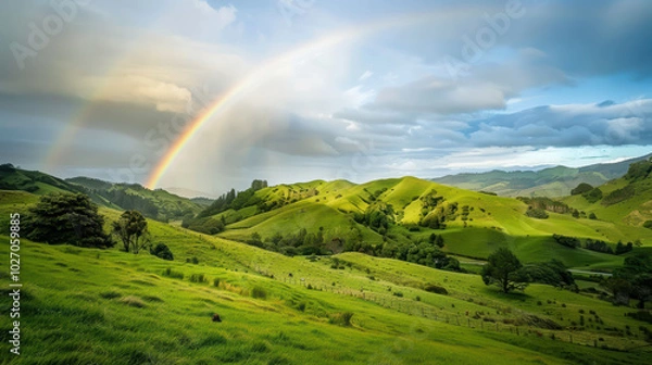 Fototapeta stunning landscape featuring rolling green hills under vibrant rainbow, with dramatic sky filled with clouds. scene evokes sense of tranquility and natural beauty