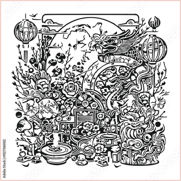 Fototapeta lunar new year,Chinese dragon,
Dragon with round shield, cut, out vector, silhouette,
fantasy, mythology, reptile, tattoo, characters, clip art, cut out, luxury, mascot, medieval, monochrome, prosperi