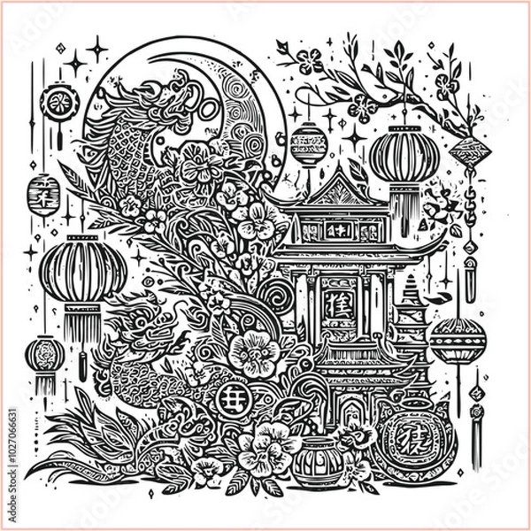 Fototapeta lunar new year,Chinese dragon,
Dragon with round shield, cut, out vector, silhouette,
fantasy, mythology, reptile, tattoo, characters, clip art, cut out, luxury, mascot, medieval, monochrome, prosperi