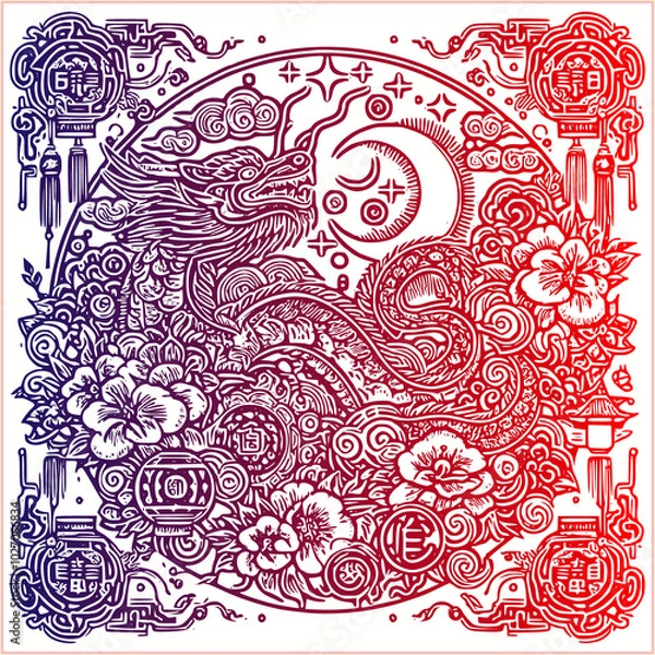 Fototapeta lunar new year,Chinese dragon,
Dragon with round shield, cut, out vector, silhouette,
fantasy, mythology, reptile, tattoo, characters, clip art, cut out, luxury, mascot, medieval, monochrome, prosperi