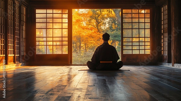 Fototapeta Buddhist monk practicing Zazen meditation in a quiet place