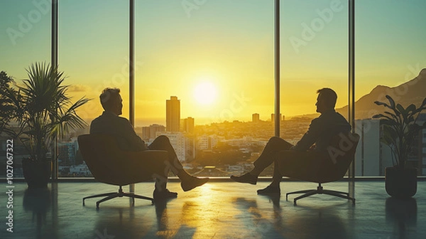 Obraz Dark or black silhouettes of people working or meeting in a fancy office with the warm evening sun shining in from big windows 
