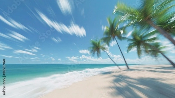 Fototapeta Serene Tropical Beach with Palm Trees and Blue Sky
