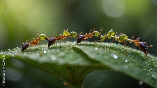 Fototapeta A line of ants carrying food on a green leaf.