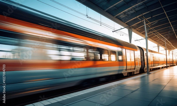 Obraz Speeding Train at Sunset Railway Station