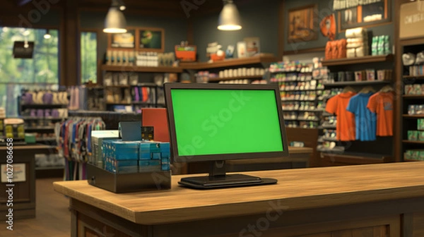 Fototapeta Upscale Retail Checkout Counter with Green Monitor