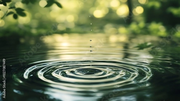 Fototapeta Droplet creating ripple on forest pond surface