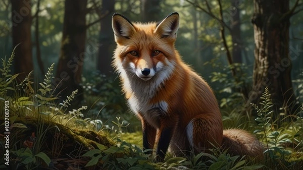 Fototapeta a fox standing tall in a sun-dappled forest, its eyes gleaming with intelligence and curiosity. The fur blends seamlessly with the foliage, creating a sense of camouflage.
