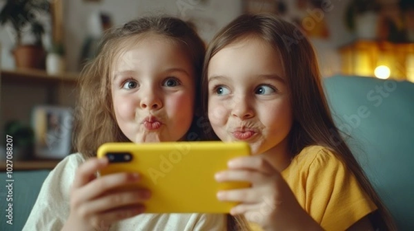 Obraz Two girls making funny faces while taking selfies with a yellow phone in a cozy room full of warmth and laughter.